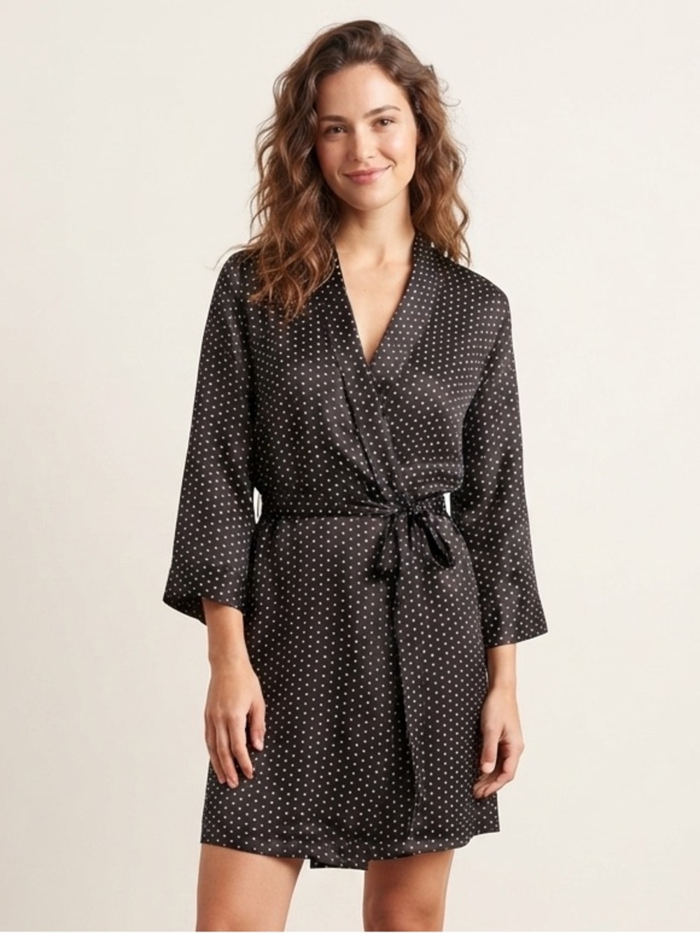 La Vie En Rose Sz S-M Black Satin Polka Dots Belted Robe